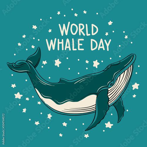 Whales are drawn in the style of linear art. Vector illustration with marine flora and fauna on a blue background. Cetaceans with the inscription - World Whale Day