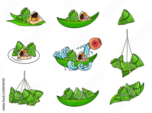 Rice dumpling , Zongzi , Dragon boat festival Elements Isolated Set 	