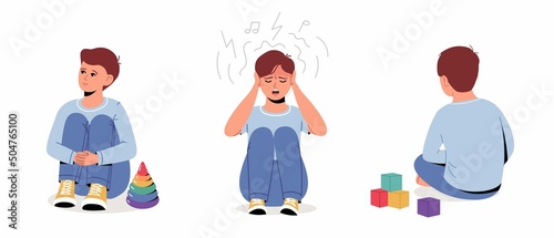 Autism, child stress, mental health. Set of unhappy sad teen boy sitting on floor, feeling depressed and lonely. Vector illustration collection isolated.  © Valentina