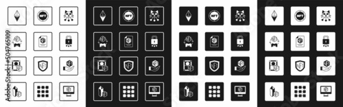 Set NFT Digital crypto art, contract, Ethereum ETH, Cyber security, and icon. Vector