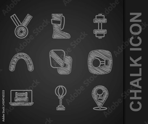 Set Boxing training paws, Punching bag, glove, ring, Mouth guard boxer, Dumbbell and Medal icon. Vector