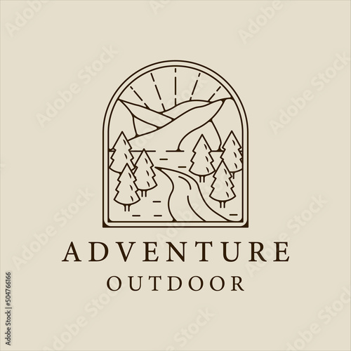 mountain and pines logo line art simple minimalist vector illustration template icon graphic design. adventure and outdoors sign or symbol for travel company with badge