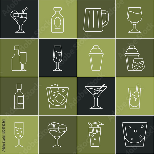 Set line Glass of rum, Cocktail Bloody Mary, shaker, Wooden beer mug, champagne, Wine bottle with glass, and icon. Vector