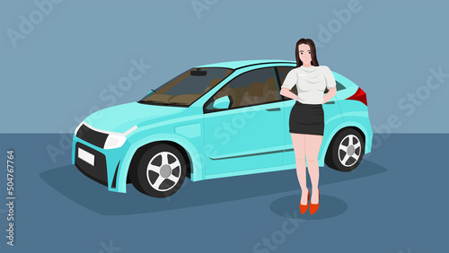 Female salesperson with electric car blue light color. Presentation in the showroom blue color. The car seen inside the car.