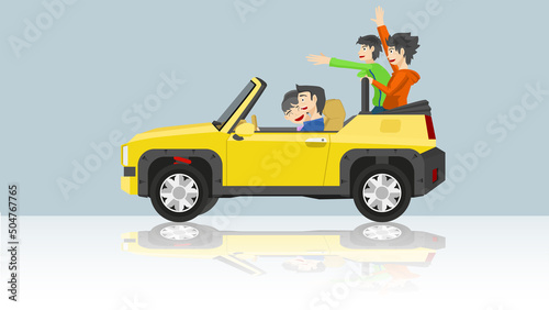 Driving car yellow color off road open roof. Family trip with parents sit in front while children sit in the back with happy hands. Background image has a reflection shape.
