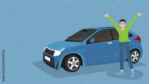 Car buyers raising hands with joy on both sides. New cars are powered by electricity. on isolated blue background. The car seen inside the car.