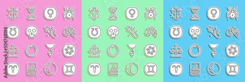 Set line Gemini zodiac, Tarot cards, Magic stone, Venus, Skull, Life, Christian cross and Bottle with potion icon. Vector