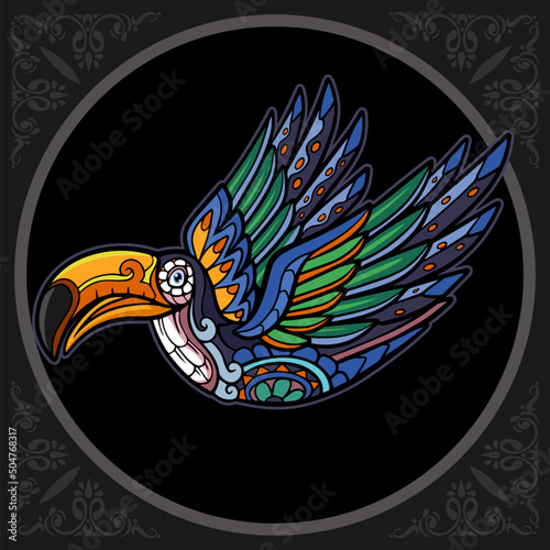 Colorful cute toucan bird cartoon zentangle arts. isolated on black background.