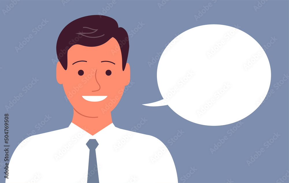 Portrait of a cheerful young man with a happy smile. Business clothes, tie. Talking bubble. Flat vector illustration isolated on blue background
