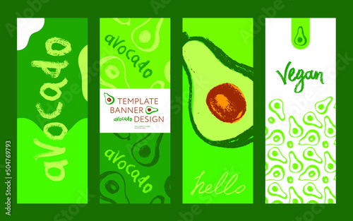 Vector banner template with avocado pattern for healthy food website, organic cosmetics products. Hand drawn Avocados for vegetarian cooking shop design, label, badge, packaging. Trendy ingredients.