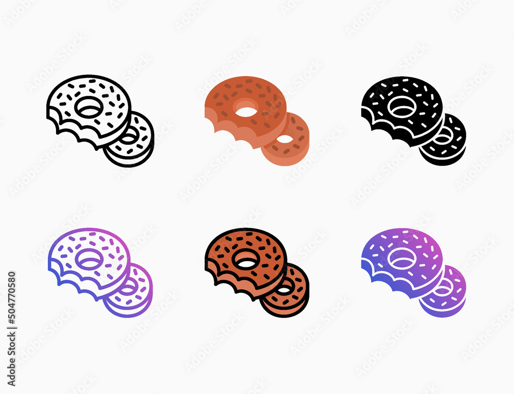 Donuts bite icon set with different styles. Style line, outline, flat, glyph, color, gradient. Editable stroke and pixel perfect. Can be used for digital product, presentation, print design and more.