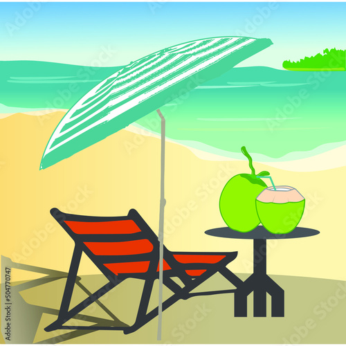 Beach vector art stock illustration, beach chair, umbrella, green coconut, sea beach, sun loungers, seascape, vacation banner.