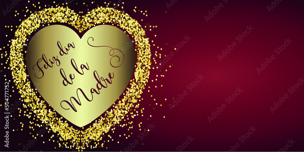 tarjeta o pancarta para un feliz día de la madre en borgoña en un corazón de color dorado y brillo en un fondo degradado de borgoña