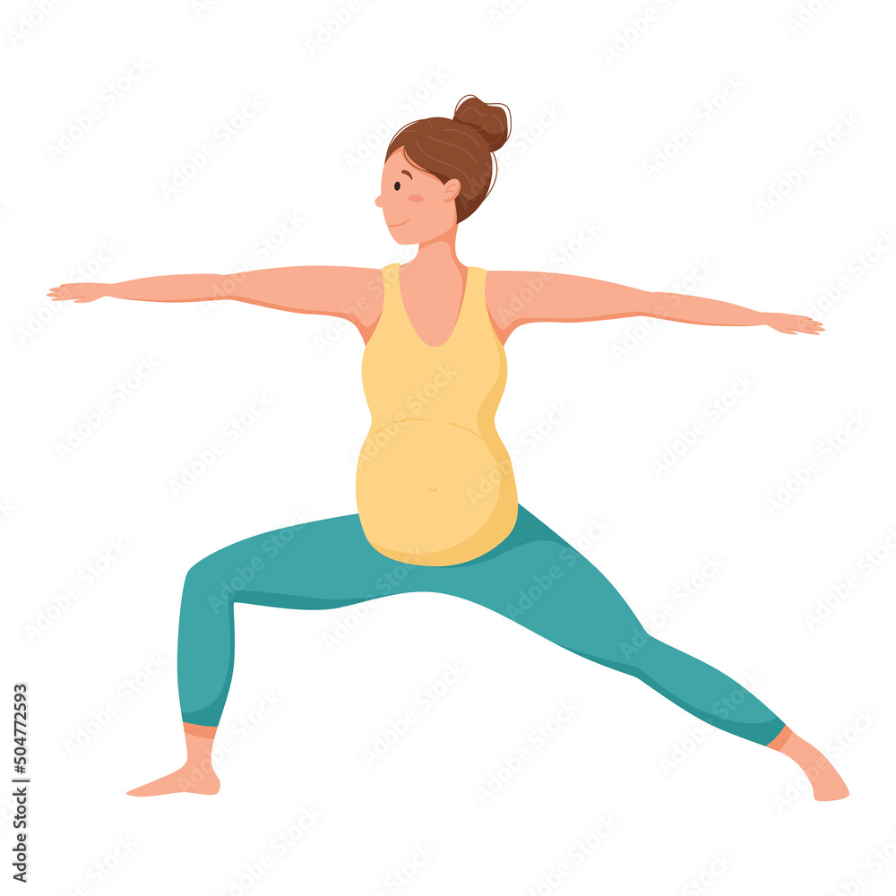 Vector illustration, pregnant woman doing yoga or gymnastics, virabhadrasana II pose