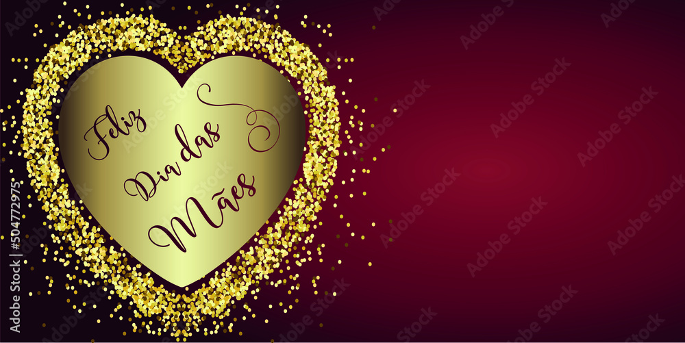 cartão ou banner para um feliz dia das mães em borgonha em um coração de cor dourada e brilho ao redor em um fundo gradiente borgonha