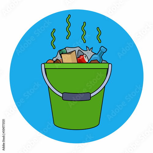 green bucket filled with rubbish. household household waste. flat vector illustration.