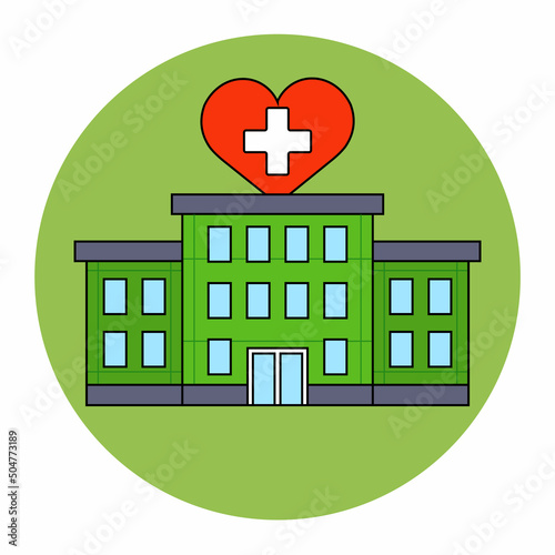 green clinic building with a sign in the shape of a heart. life saving facility. flat vector illustration.