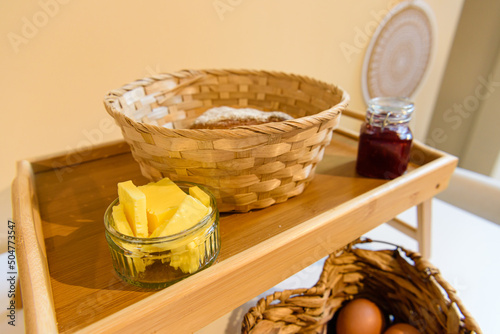 Basket of traditional Irish wheaten bread  eggs  butter and jam at an Air B B.