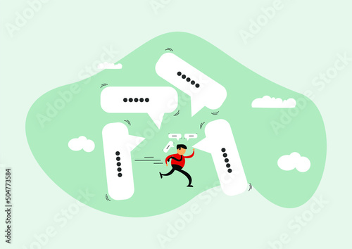 Communication problems or overload, too many messages or spam, inefficient discussion or meeting concept, frustrated businessman escaping from a collapsing pile of online conversation bubbles