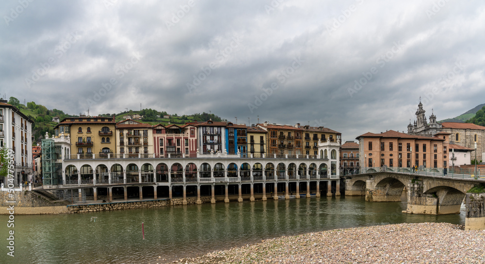 panorama view of the historic city center of Tolosa and the Oria River in the Spanish Basque Country