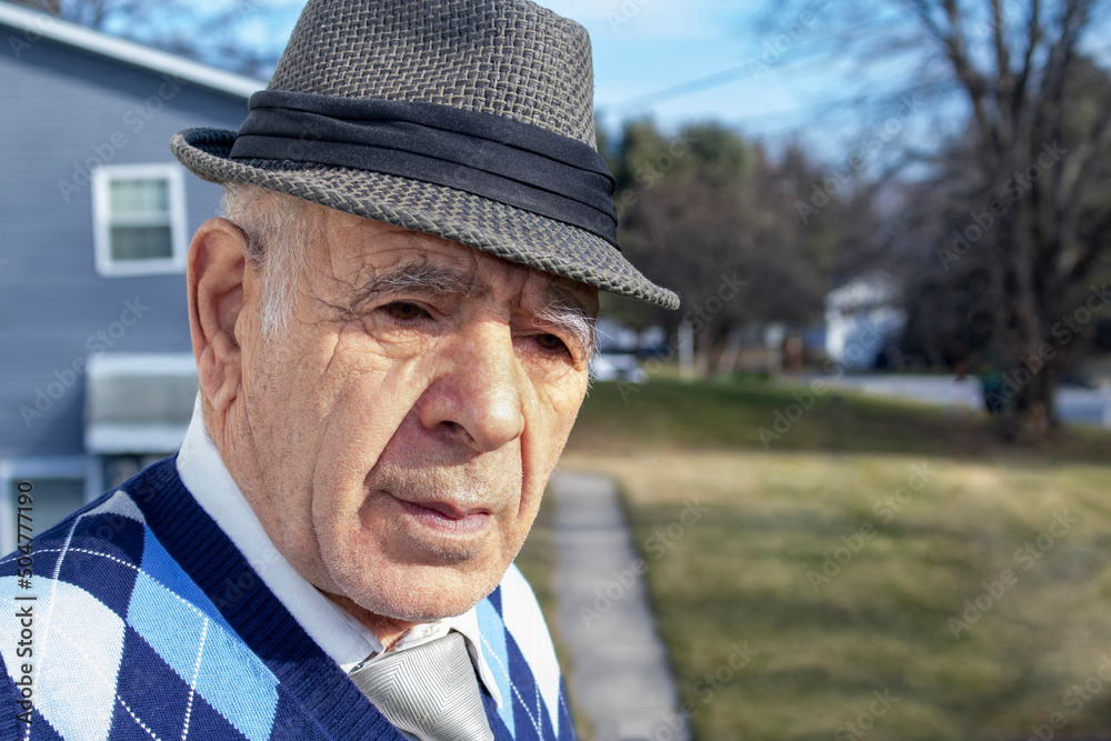 caucasian male senior adult with a fedora hat and blue diamond sweater vest and tie