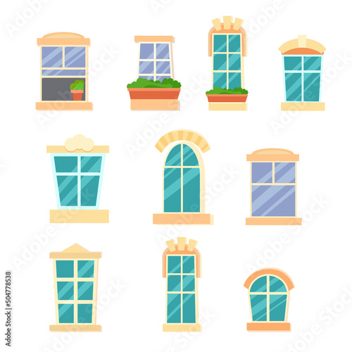 A set of different Windows with a balcony and other details. Interior element. Part of the facade of the house. Window frame. Vector illustration isolated on white background. Cartoon style.