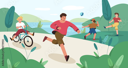 Happy children play in public park. Kids riding a bicycle and running. Fun boys playing ball on green grass lawn near lake. Run, leisure games and sports activities at weekend. Friends on outside walk