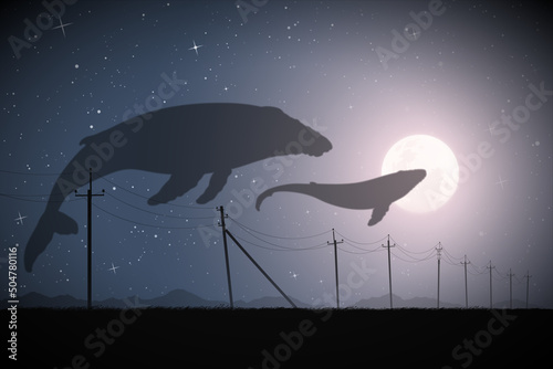 Flying whales in moonlight. Fantastic animal family. Night landscape