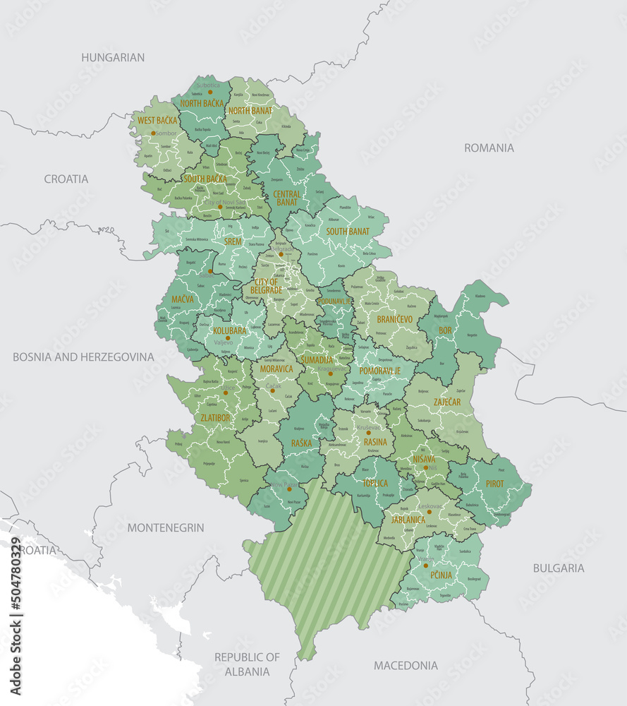 Detailed map of Serbia with administrative divisions into Districts