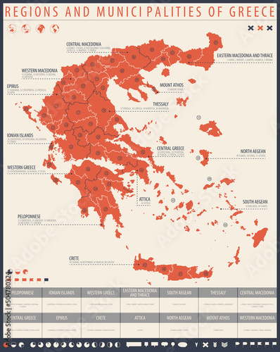 Infographic map of Greece with administrative division into Regions and municipalities