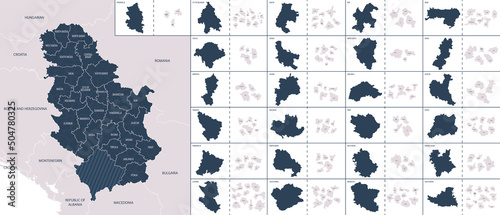 Vector color detailed map of Serbia with administrative divisions of the country, each Districts is presented separately in-highly detailed and divided into Municipalities and cities photo