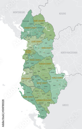 Fotografie, Tablou Detailed map of Albania with administrative divisions into Counties and Municipa