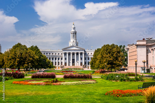 Beautiful Denver city public park on a front of the City and County building in sunny summer day photo