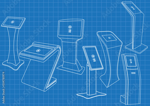 Blueprint of seven Promotional Interactive Information Kiosk, Advertising Display, Terminal Stand, Touch Screen Display. Mock Up Template	