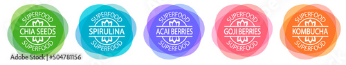 Set of superfood labels: chia seeds, spirulina, goji berries, acai berries and kombucha. Antioxidants and vitamins natural source	 photo