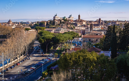 Panoramic landscape of Rome from the Orange Garden, Giardino degli Aranci, on the aventine hill, Italy. photo