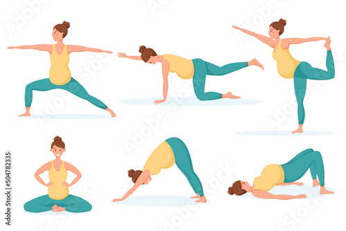 Set of isolated vector illustrations, poses for prenatal yoga, a pregnant woman goes in for sports.