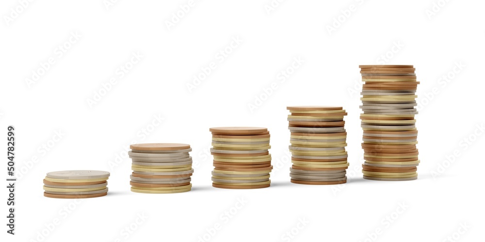 Growing stacks of coins over white background, money value, finance growth or currency business concept Growing stacks of coins over white background, money value, finance growth or currency business concept