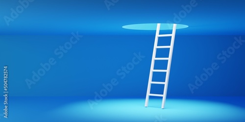 White ladder through hole in the ceiling on blue room background, modern minimal business success or solution concept