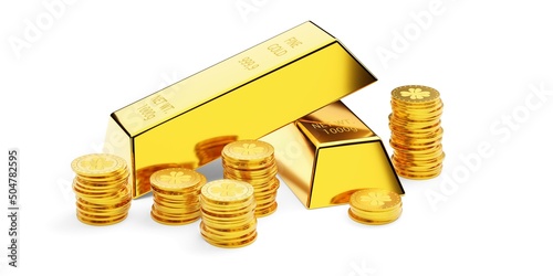 Multiple stacks of gold money coins and two stacked gold bars, ingots or bullions over white background, wealth, savings or finance concept