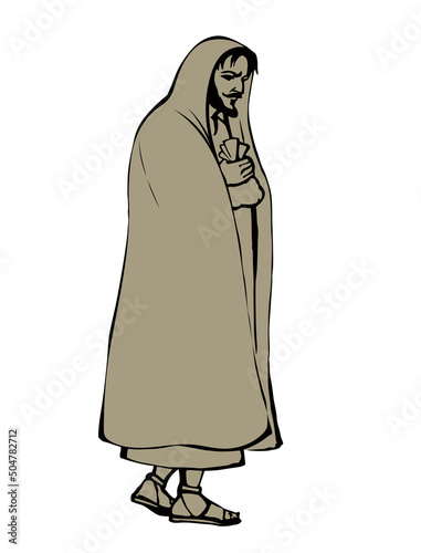 Fototapet Traitor Judas with a bag of money. Vector drawing