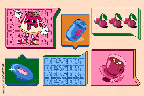 Colorful set of stickers in retro style. Hand drawn panna cotta desserts and drinks with text and hipster textures. Suitable for restaurant menu banners or posters.