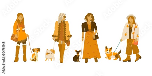 Set of 4 hipster girls with dogs in boho outfits. Happy pets owners in casual wear. Vector illustration on white background