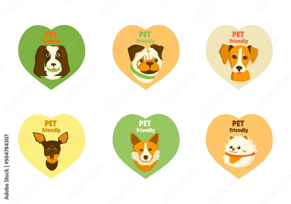 Pet friendly logo with dogs of different breeds in heart Vector cartoon illustration