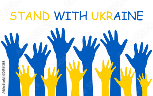 Blue and yellow raised people hand in shape of Ukrainian flag colors. Ukraine national flag. Vector illustration.