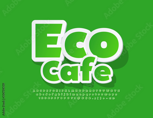 Vector bright Banner Eco Cafe. Green Sticker Font. Creative Alphabet Letters, Numbers and Symbols