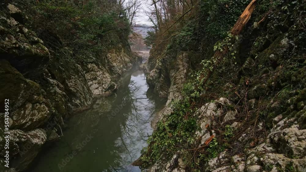 A drone flying over a river through a narrow canyon with white rocks. Yew boxwood grove, Devil's Gate Gorge. White cliffs and the hosta river in the foggy haze of autumn. Sochi, Krasnodar Territory A drone flying over a river through a narrow canyon with white rocks. Yew boxwood grove, Devil's Gate Gorge. White cliffs and the hosta river in the foggy haze of autumn. Sochi, Krasnodar Territory