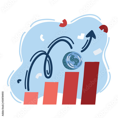 Vector illustration of dollar coin grown up on bar graph. Cent.