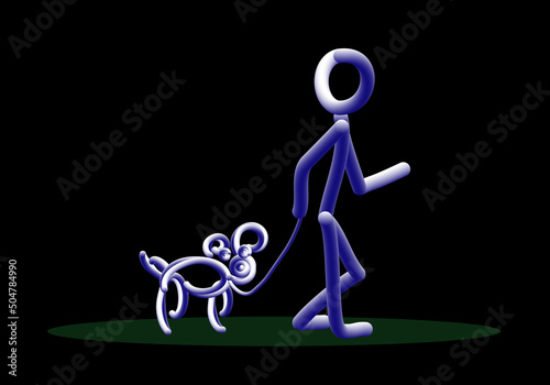 Persona paseando al perro en trazo degradado blanco azul en 3d sobre fondo negro