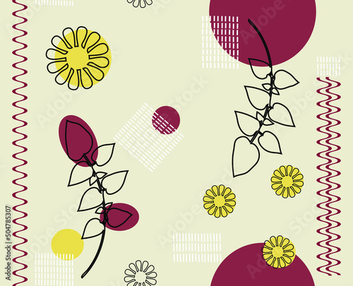 Seamless abstract pattern with flowers, leaves and geometric figures for wallpaper design, fabric, packaging